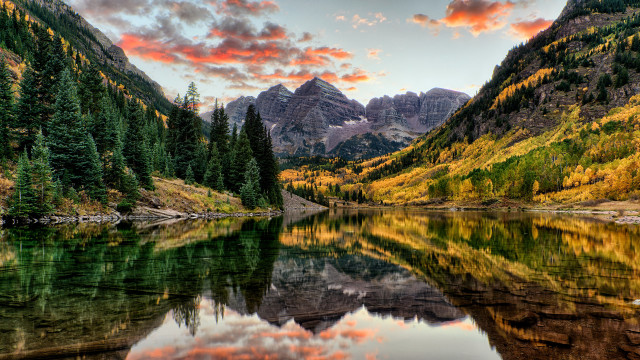 Mountain lake forest red sky free wallpaper - medium preview image