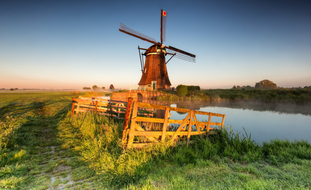 Windmill greenfield river bush sky free wallpaper - medium preview image