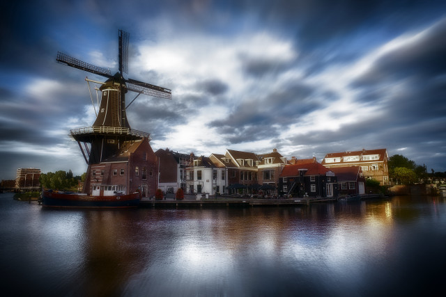 Windmill water boat cityscape cloudy free wallpaper - medium preview image