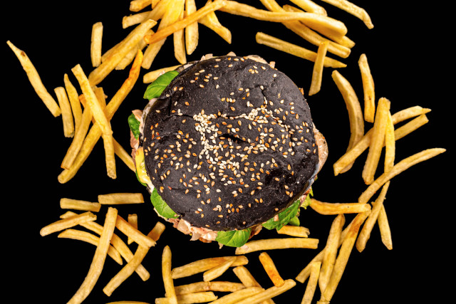Hamburger fries black surface hyperrealism free wallpaper - medium preview image