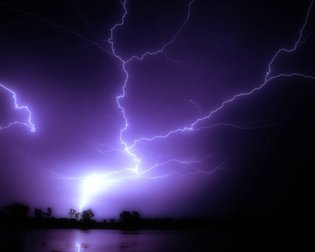 Purple sky lightning lake trees free wallpaper - medium preview image