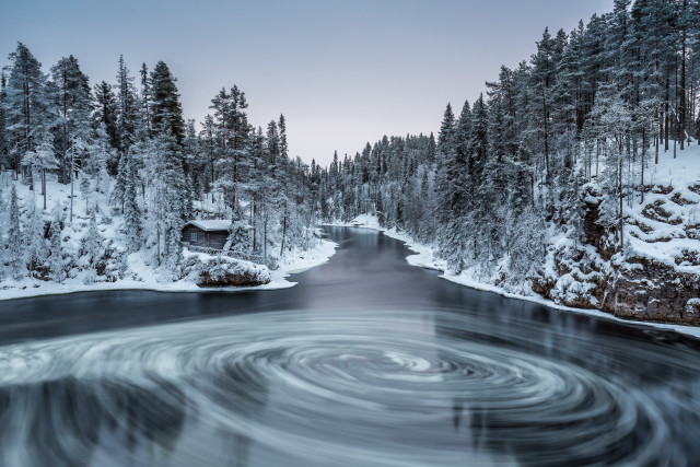 Snowy river forest cabin mist free wallpaper - medium preview image