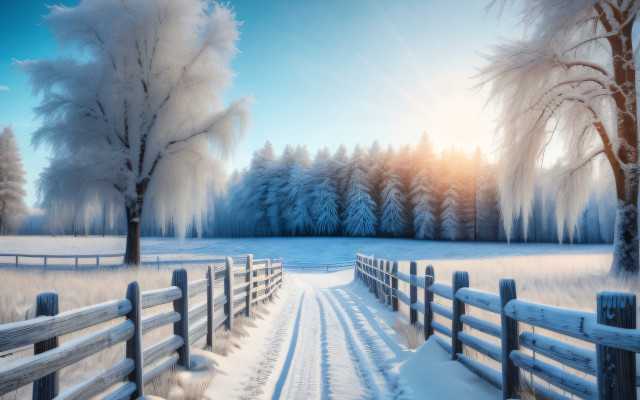 Snowy landscape fence trees sun free wallpaper - medium preview image