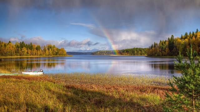 Rainbow lake boat forest impressionist free wallpaper - medium preview image