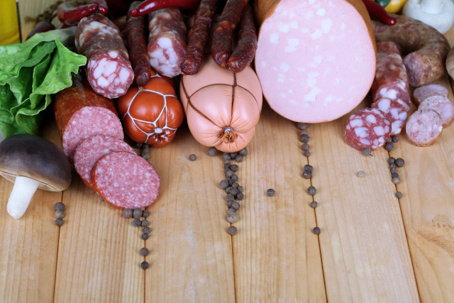 Wooden table sausages mushrooms vegetables free wallpaper - medium preview image