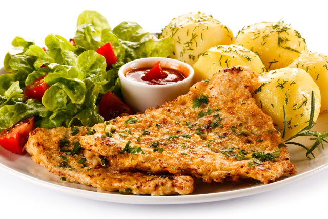 Plate food potatoes salad meat free wallpaper - medium preview image
