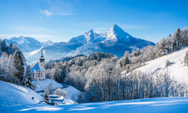 Snowy mountain church fantasy landscape free wallpaper - medium preview image