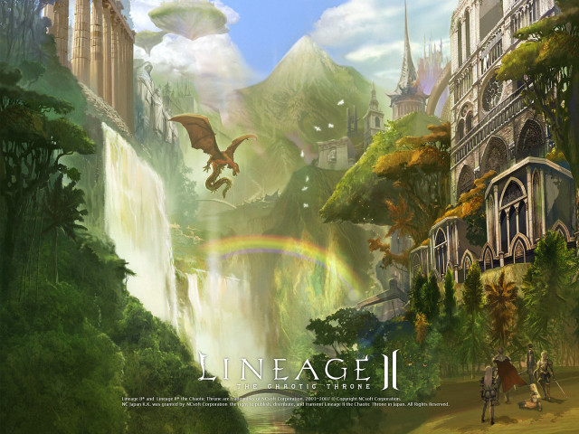 City waterfall dragon flying painting free wallpaper - medium preview image