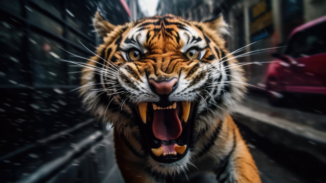 Tiger roaring street rain photorealistic free wallpaper - medium preview image