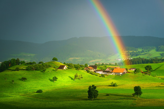 Rainbow green hillside houses trees #2 free wallpaper - medium preview image