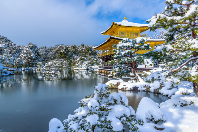 Snowy pagoda lake forest ukiyo free wallpaper - medium preview image