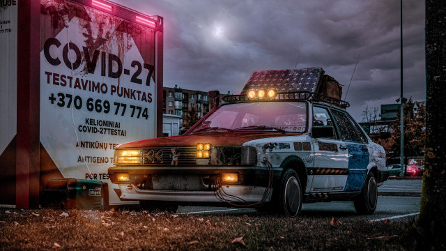 Policecar cyberpunk retrofuturism postapocalyptic cityscape free wallpaper - medium preview image