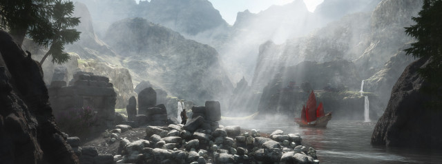 Red boat mountains mist water free wallpaper - medium preview image