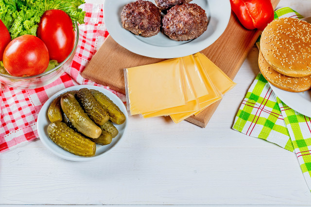 Food table hamburger pickles cheese free wallpaper - medium preview image