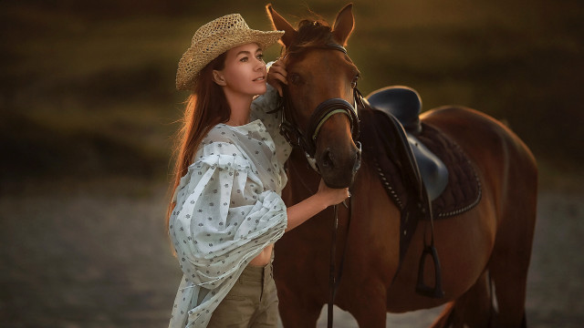 Woman hat petting horse cinematic free wallpaper - medium preview image