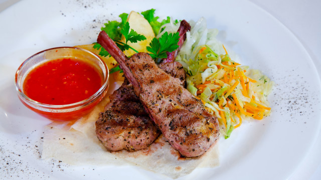 Plate meat salad ketchup sauce free wallpaper - medium preview image