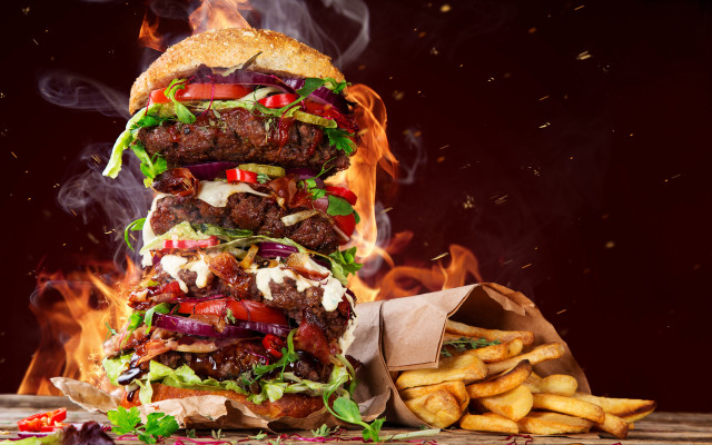 Large hamburger fries fire food free wallpaper - medium preview image