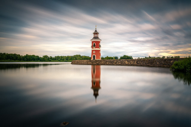 Red tower lake cloudy sky free wallpaper - medium preview image