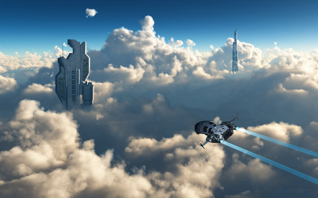 Futuristic space station clouds rocket free wallpaper - medium preview image
