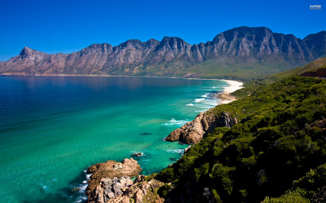 Beach mountains water bushes landscape free wallpaper - medium preview image