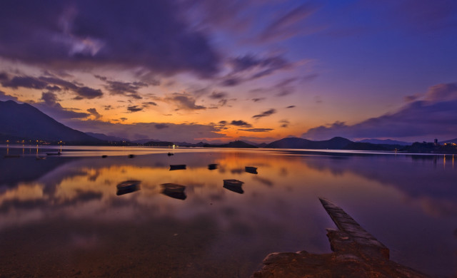 Lake sunset mountains clouds puzzle free wallpaper - medium preview image