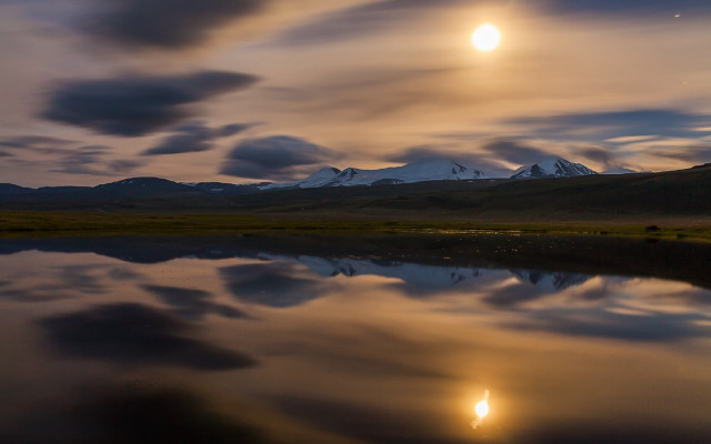 Moon mountain lake cityscape reflection free wallpaper - medium preview image