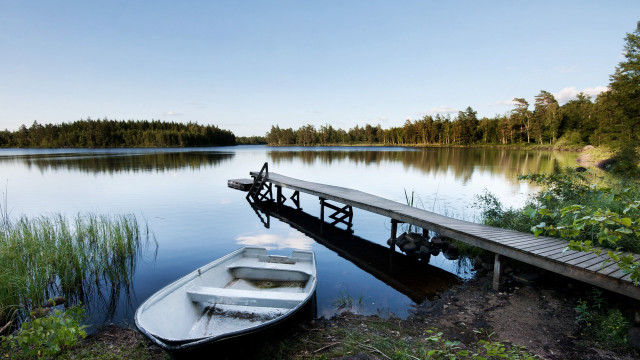 Lake dock boat forest mountain free wallpaper - medium preview image