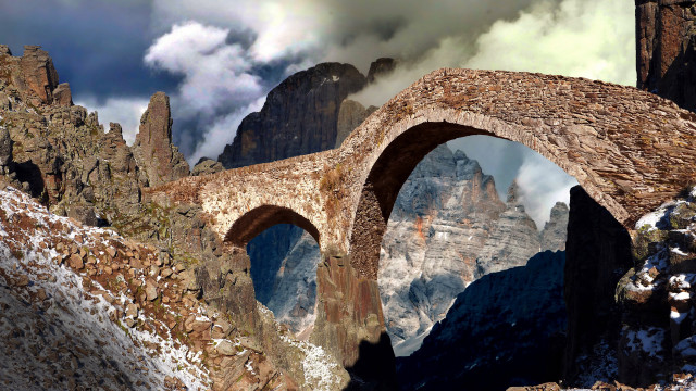 Stone bridge mountain clouds fantasy free wallpaper - medium preview image