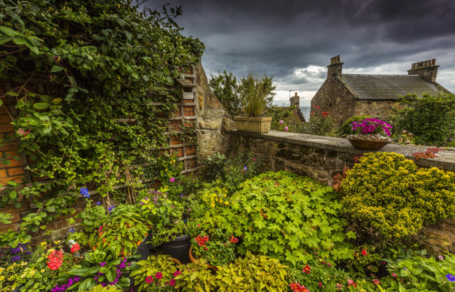 Garden stonewall pottedflowers cloudy sky free wallpaper - medium preview image