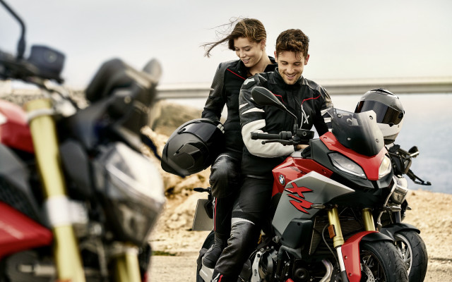 Biker couple motorcycle water bridge free wallpaper - medium preview image