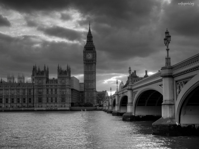 Black white bridge clock tower free wallpaper - medium preview image