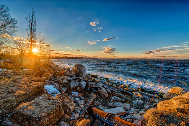 Sunset rocky beach bench shore free wallpaper - medium preview image