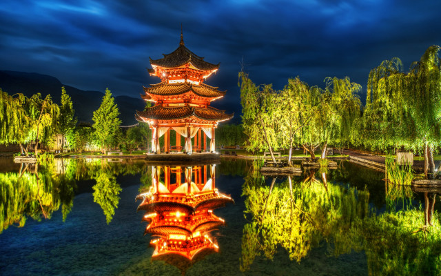 Pagoda night sky pond trees free wallpaper - medium preview image