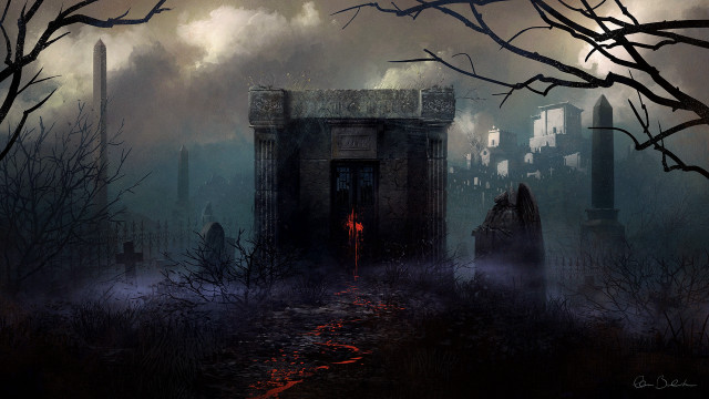 Creepy building red light graveyard free wallpaper - medium preview image