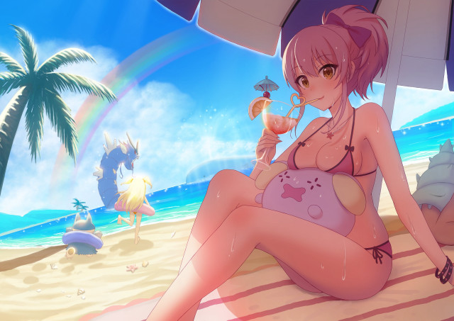 Woman beach umbrella drink rainbow free wallpaper for desktop - medium preview image