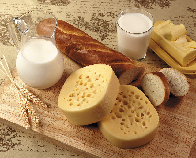 Wooden cuttingboard cheese bread milk free wallpaper - medium preview image