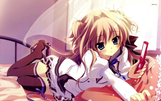 Girl laying bed cellphone pink free wallpaper - medium preview image