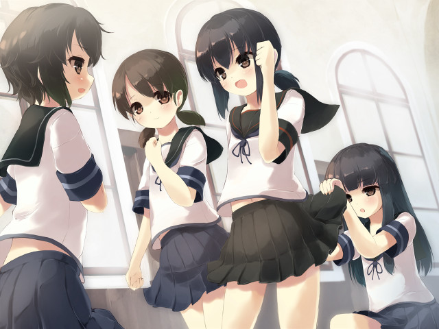 Girls school uniforms standing window free wallpaper - medium preview image