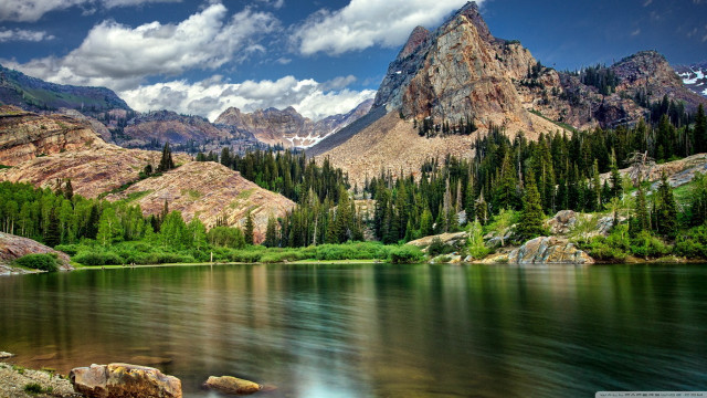 Mountain lake trees rocks cloudy #2 free wallpaper for desktop - medium preview image