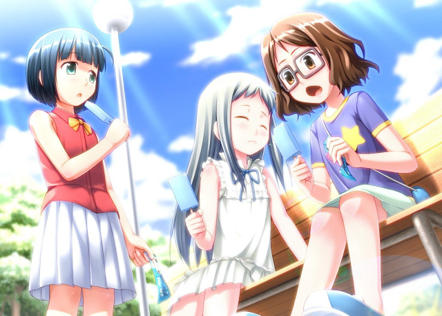 Three girls bench sky clouds free wallpaper - medium preview image