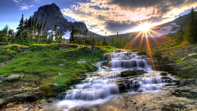 Waterfall mountain sunshine water running free wallpaper - medium preview image