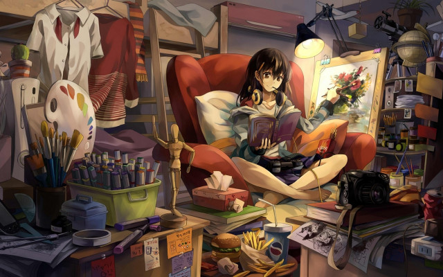 Woman reading book messy room free wallpaper - medium preview image