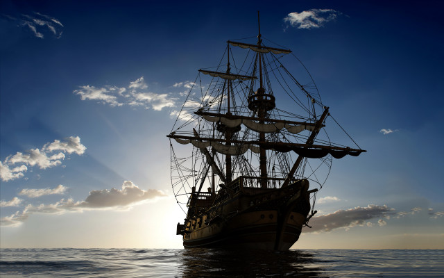 Sailing ship ocean sunset sunbeam free wallpaper - medium preview image