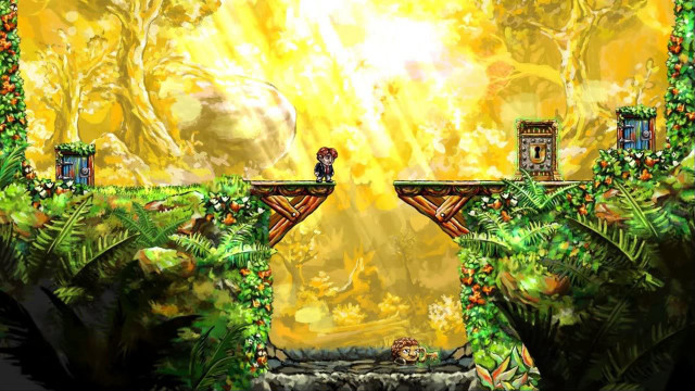 Person bridge river waterfall yellow free wallpaper - medium preview image