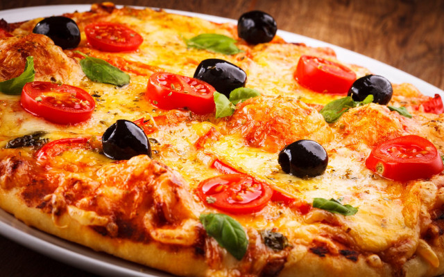 Pizza tomatoes olives cheese wooden free wallpaper - medium preview image