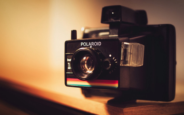 Polaroid camera wooden shelf lens free wallpaper - medium preview image