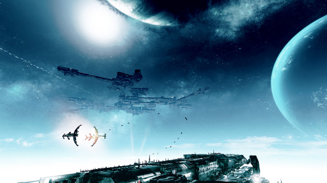 Futuristic space station shuttle planet free wallpaper - medium preview image