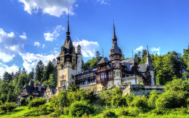 Castle towers clock trees grass free wallpaper - medium preview image