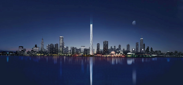 City skyline skyscraper night moon free wallpaper - medium preview image