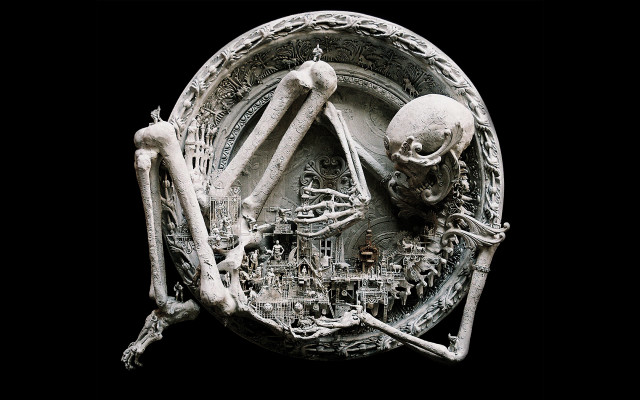 Skeleton in plate black background free wallpaper - medium preview image